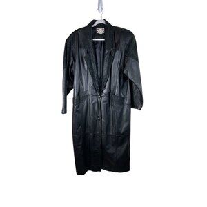 Vintage Paris Sport Club Black Leather Womens Long Coat Size L